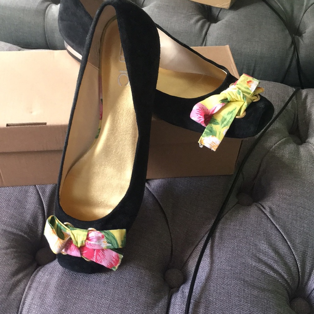 Black suede flats with floral bow